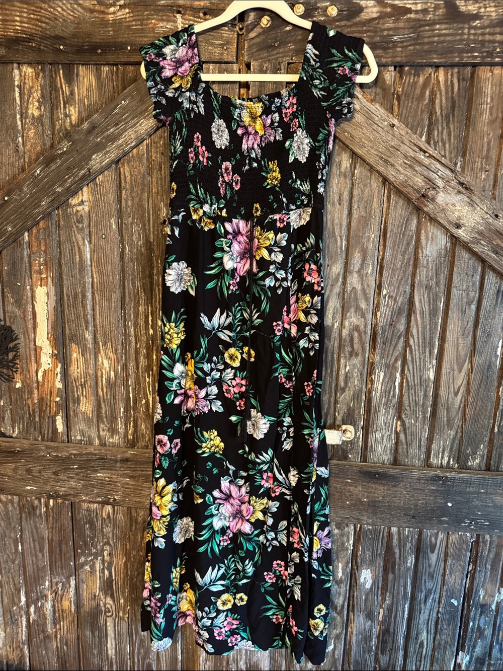 Band of Gypsies Black Floral Maxi Dress with Pink, Yellow & Green Flowers